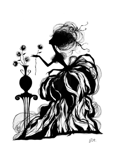 图画 标题为“Lady with rose” 由Gisele Mar, 原创艺术品, 墨