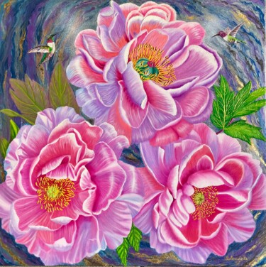 绘画 标题为“Peonies in Bloom, H…” 由Galina Lintz, 原创艺术品, 油 安装在木质担架架上