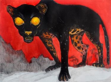 绘画 标题为“Black Leopard  on R…” 由Rimma Mantika, 原创艺术品, 丙烯 安装在纸板上