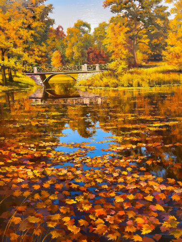 Autumn Day by the Bridge 绘画 标题为“Autumn Day by the B…” 由Nurgaliy Abdigaliyev, 原创艺术品, 油