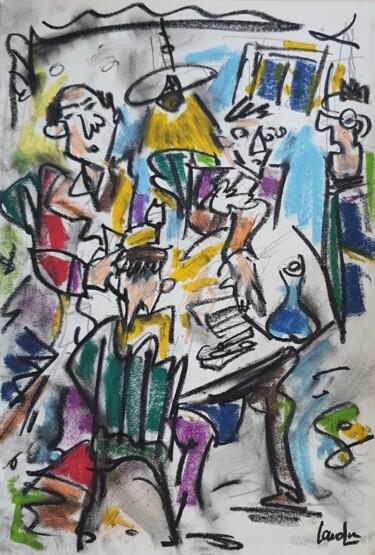 Drawing titled "La Partie De Cartes" by Laudu, Original Artwork, Pastel