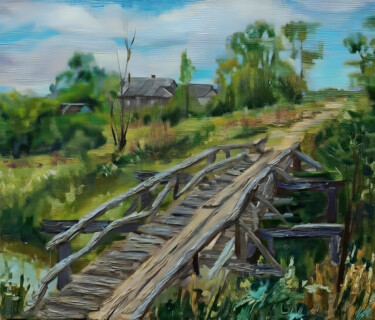 serene wooden bridge over stream 绘画 标题为“serene wooden bridg…” 由Nurgaliy Abdigaliyev, 原创艺术品, 油