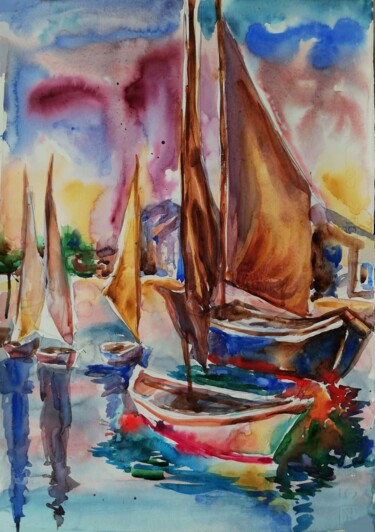 绘画 标题为“Boats at Sunset” 由Jelena Djokic, 原创艺术品, 水彩