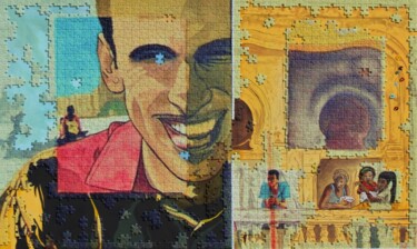 Painting titled "'Autoritratto sul M…" by Massimo Amadesi, Original Artwork, Acrylic Mounted on Wood Stretcher frame