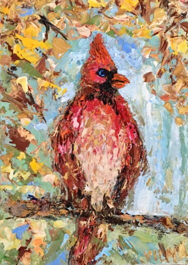 Painting titled "Red Cardinal Bird I…" by Vilma Gataveckiene, Original Artwork, Oil