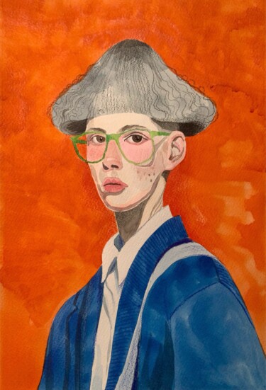 The Mushroom Guy A guy in a funny hat wearing a blue jacket 绘画 标题为“The Mushroom Guy A…” 由Aleksandr Voinkov, 原创艺术品, 水彩