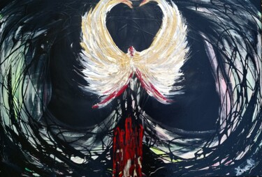 Abstract Phoenix Heart-white wings with red & gold on black 绘画 标题为“Abstract Phoenix He…” 由Elena Swetkov (Lena Zwetik), 原创艺术品, 丙烯 安装在木质担架架上