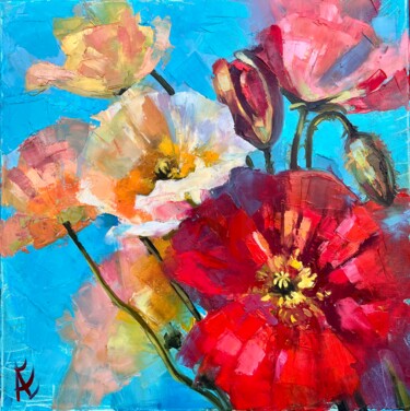 Coquelicots sur fond bleu. Peinture à l’huile 绘画 标题为“Coquelicots sur fon…” 由Elena Recondo, 原创艺术品, 油 安装在木质担架架上