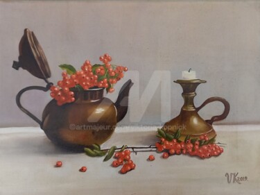 Kupfer & Kerze: Herbstliches Stillleben mit Vogelbeeren 绘画 标题为“Kupfer & Kerze: Her…” 由Viktoria Köpnick, 原创艺术品, 油 安装在artwork_cat.上