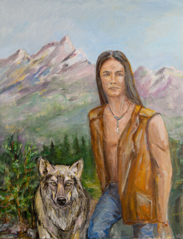 Juniper — Portrait with Wolf of Strength and Clarity 绘画 标题为“Juniper — Portrait…” 由Sasha Tovstik, 原创艺术品, 丙烯