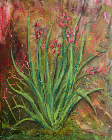Palmarosa — Botanical Acrylic Painting with Crackle Texture 绘画 标题为“Palmarosa — Botanic…” 由Sasha Tovstik, 原创艺术品, 丙烯