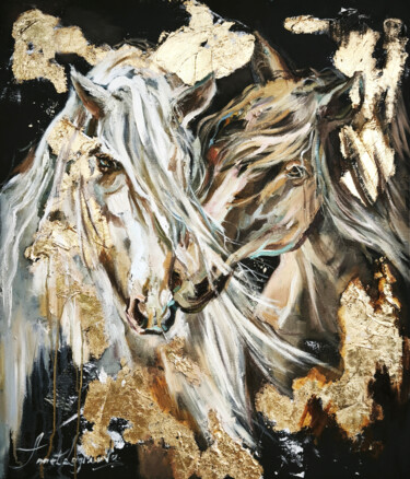 Elegant Oil Painting of Two Horses on Black Canvas with Text 绘画 标题为“Elegant Oil Paintin…” 由Annet Loginova, 原创艺术品, 油 安装在木质担架架上