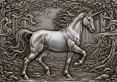 Enchanted Forest Unicorn - Silver Relief Illustration 数字艺术 标题为“Enchanted Forest Un…” 由M Alk, 原创艺术品, AI生成的图像