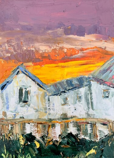 Painting titled "Sunset from House I…" by Vilma Gataveckiene, Original Artwork, Oil