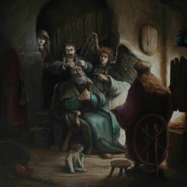 Painting titled "The Healing of Tobit" by Milos Todorovic, Original Artwork, Oil Mounted on Wood Panel