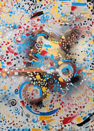 绘画 标题为“Fiesta - 🟦” 由Damien Berrard, 原创艺术品, 丙烯 安装在木质担架架上