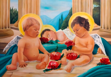 Cherubic Children with Red Peonies 绘画 标题为“Cherubic Children w…” 由Yerkezhan Kamentayeva, 原创艺术品, 油
