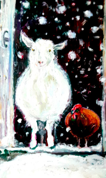 绘画 标题为“Sheep and Hen in Wi…” 由Yerkezhan Kamentayeva, 原创艺术品, 丙烯