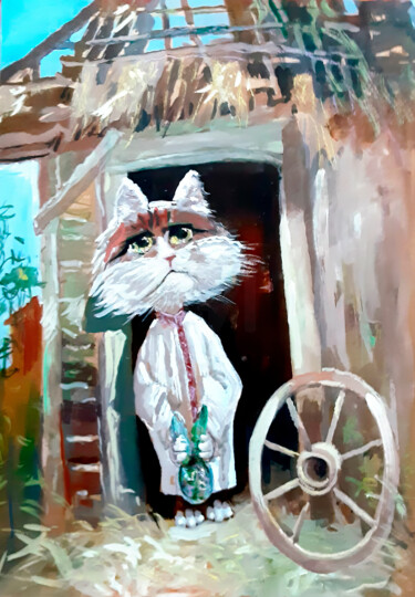 绘画 标题为“Curious Cat” 由Yerkezhan Kamentayeva, 原创艺术品, 丙烯