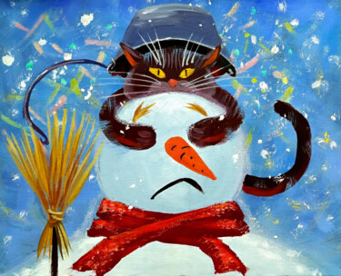 绘画 标题为“Snowman Cat” 由Yerkezhan Kamentayeva, 原创艺术品, 油