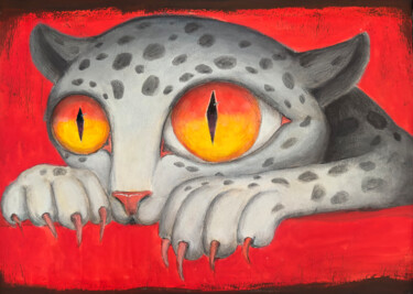 Totem Leopard with Yellow Eyes – Red Background Cat Spirit 绘画 标题为“Totem Leopard with…” 由Rimma Mantika, 原创艺术品, 丙烯