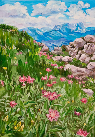 Vivid Meadow with Mountains 绘画 标题为“Vivid Meadow with M…” 由Yerkezhan Kamentayeva, 原创艺术品, 丙烯