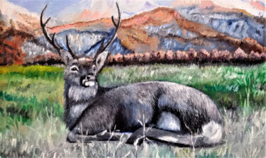 Deer Resting in a Green Meadow 绘画 标题为“Deer Resting in a G…” 由Yerkezhan Kamentayeva, 原创艺术品, 丙烯