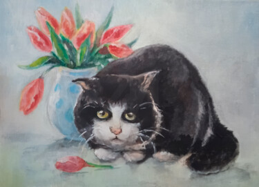 cat with tulips in vase 绘画 标题为“cat with tulips in…” 由Yerkezhan Kamentayeva, 原创艺术品, 丙烯