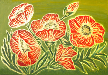 Red poppies on green with gold 印花与版画 标题为“Red poppies on gree…” 由Irina Afonskaya, 原创艺术品, 数字打印