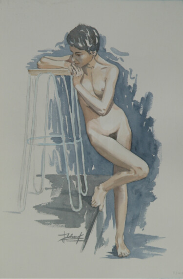 Nu Classique au Tabouret – Aquarelle 绘画 标题为“Nu Classique au Tab…” 由Eric Pelleau, 原创艺术品, 水彩 安装在木板上