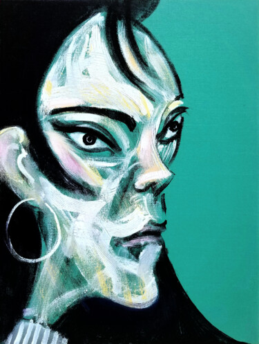 绘画 标题为“Woman on Turquoise” 由Nicholaas Chiao, 原创艺术品, 丙烯 安装在木质担架架上