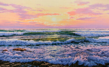 Sunset Over Waves and Rocks Painting titled "Sunset Over Waves a…" by Nurgaliy Abdigaliyev, Original Artwork, Oil