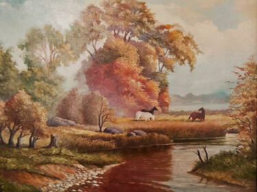 Serene Autumn Landscape with Horses Painting titled "Serene Autumn Lands…" by Nurgaliy Abdigaliyev, Original Artwork, Oil