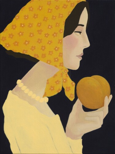 Girl in Yellow Scarf with Peach – Acrylic Painting & Print 绘画 标题为“Girl in Yellow Scar…” 由Ксения Верушкина, 原创艺术品, 丙烯 安装在木质担架架上