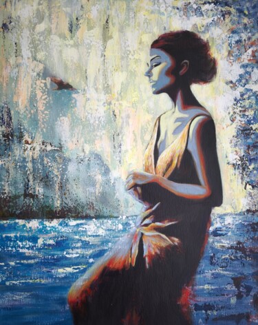 Bird, Woman, and Sea 绘画 标题为“Bird, Woman, and Sea” 由Elena Gotovtseva, 原创艺术品, 丙烯 安装在木质担架架上