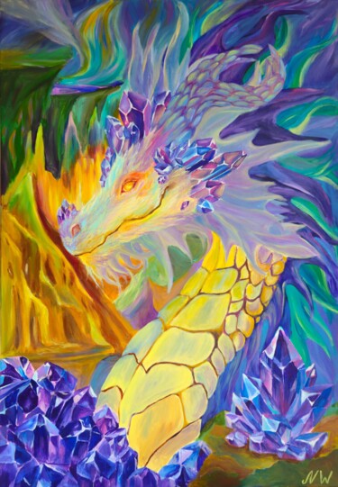 绘画 标题为“Golden Dragon” 由Natalia Wilkinson, 原创艺术品, 丙烯 安装在木质担架架上