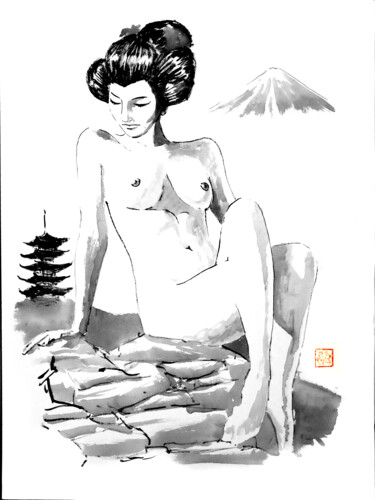 绘画 标题为“nude geisha at the…” 由Péchane, 原创艺术品, 水彩 安装在纸板上