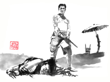 图画 标题为“samourai a la plage” 由Péchane, 原创艺术品, 水彩