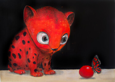 Cute Red Cat Totem – Contemporary Animal Illustration 绘画 标题为“Cute Red Cat Totem…” 由Rimma Mantika, 原创艺术品, 丙烯