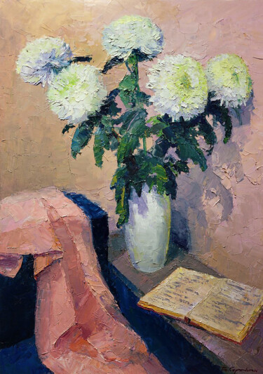 绘画 标题为“White Chrysanthemums” 由Boris Serdyuk, 原创艺术品, 油 安装在木质担架架上