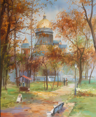 Autumn Serenity in Golden Hues 绘画 标题为“Autumn Serenity in…” 由Nurgaliy Abdigaliyev, 原创艺术品, 油