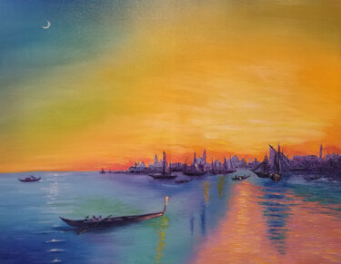 Serene Twilight on Peaceful Water 绘画 标题为“Serene Twilight on…” 由Nurgaliy Abdigaliyev, 原创艺术品, 油