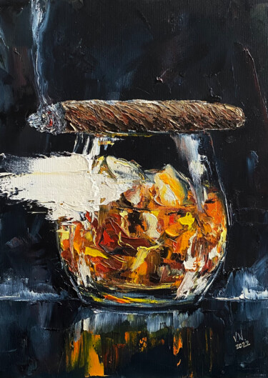 Whiskey and cigar 2 绘画 标题为“Whiskey and cigar 2” 由Volodymyr Nezdiimynoha, 原创艺术品, 油 安装在木质担架架上