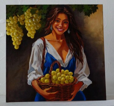 Joyful Woman in Blue Dress 绘画 标题为“Joyful Woman in Blu…” 由Nurgaliy Abdigaliyev, 原创艺术品, 油