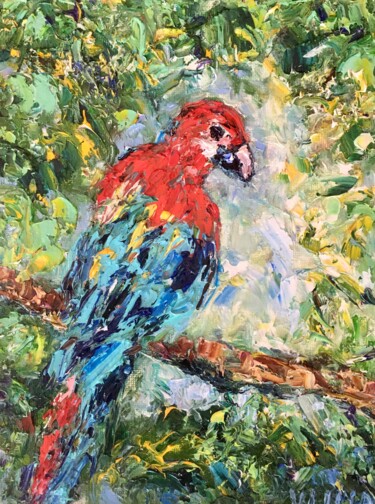 Parrot Ara Impasto Oil Painting On Canvas Board Red Bird 绘画 标题为“Parrot Ara Impasto…” 由Vilma Gataveckiene, 原创艺术品, 油
