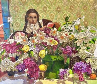 Майский автопортрет с нарциссами и сиренью 绘画 标题为“Майский автопортрет…” 由Анастасия Горева, 原创艺术品, 油
