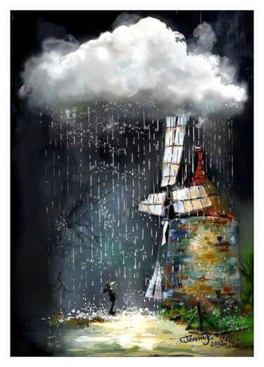 Malarstwo zatytułowany „Stary wiatrak w pol…” autorstwa Teresa Kopańska, Oryginalna praca, Akwarela