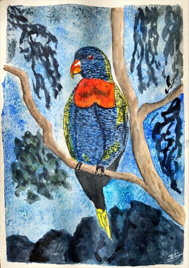 Painting titled "Le perroquet" by Francoise Bougeon, Original Artwork, Watercolor