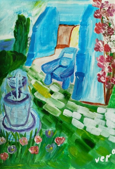 Painting titled "Peaceful Garden Fou…" by Oksana Melnyk, Original Artwork, Acrylic