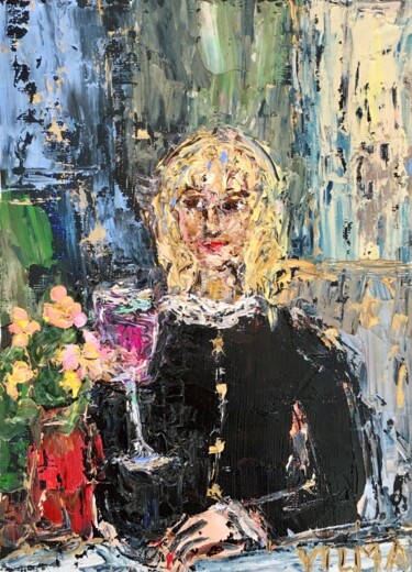 Painting titled "Woman In The Cafe I…" by Vilma Gataveckiene, Original Artwork, Oil